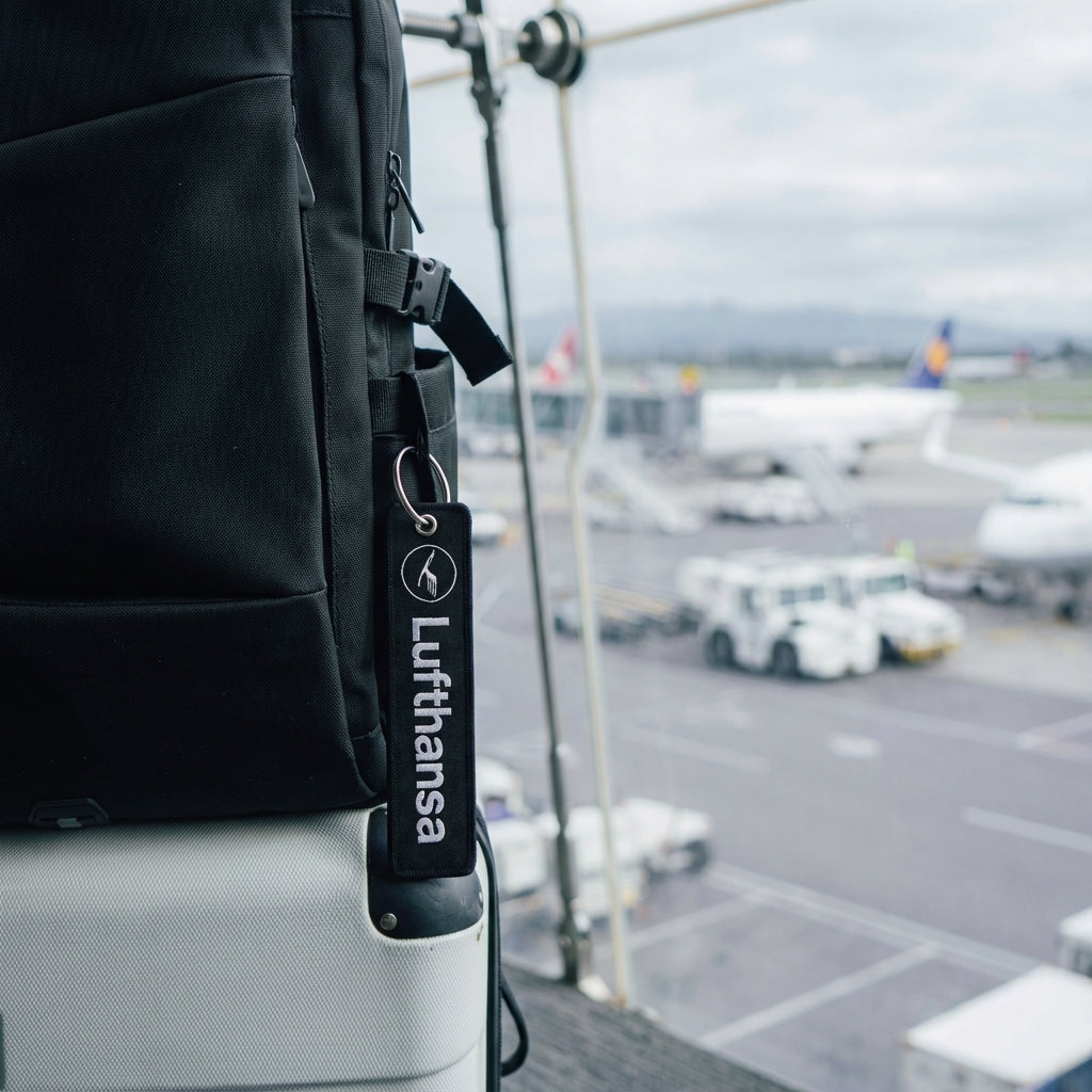 Lufthansa bag tag on a backpack at the airport